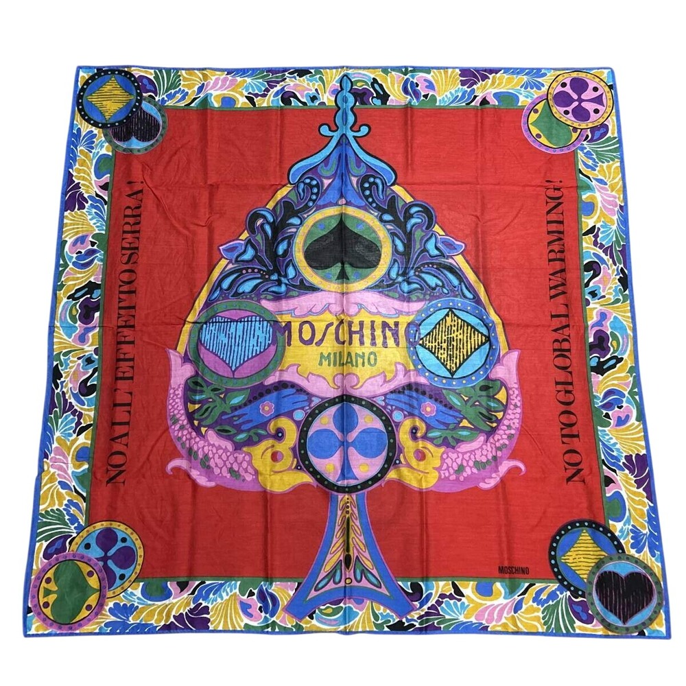 Moschino Milano‎ Vintage Silk Scarf Red Spade No To Global Warming Graphic
